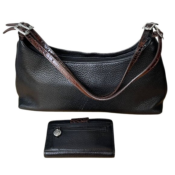 Brighton Designer Black Pebbled Leather & Brown Croc Shoulder Bag Wallet C18510 - Picture 2 of 15